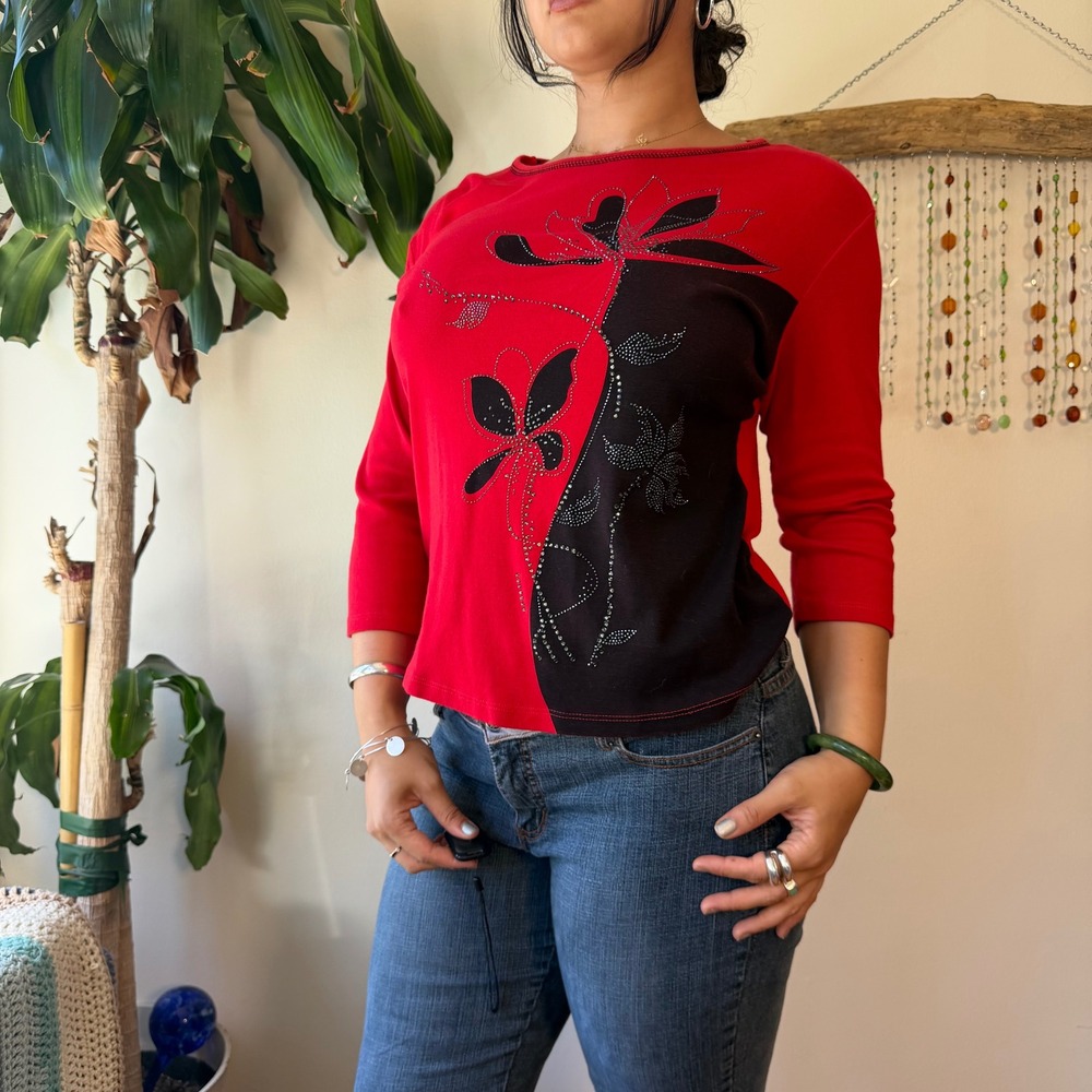 Jess & Jane Vintage 90s Beaded Sequin Yin Yang Floral Top Red Black Large Y2k